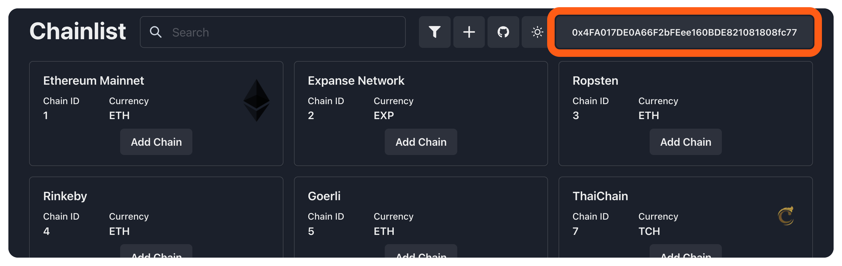 Chainlist connected wallet address button