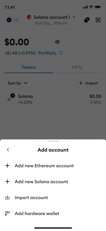 MetaMask mobile add Solana account