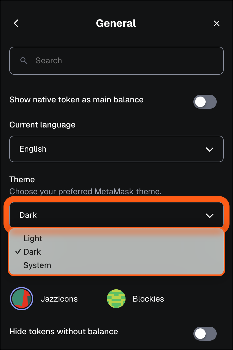 MetaMask Extension general settings select color theme
