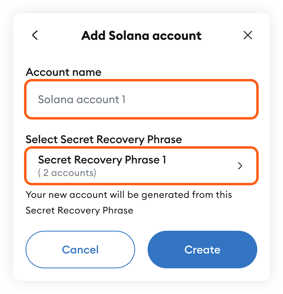 MetaMask add Solana account modal account name and SRP