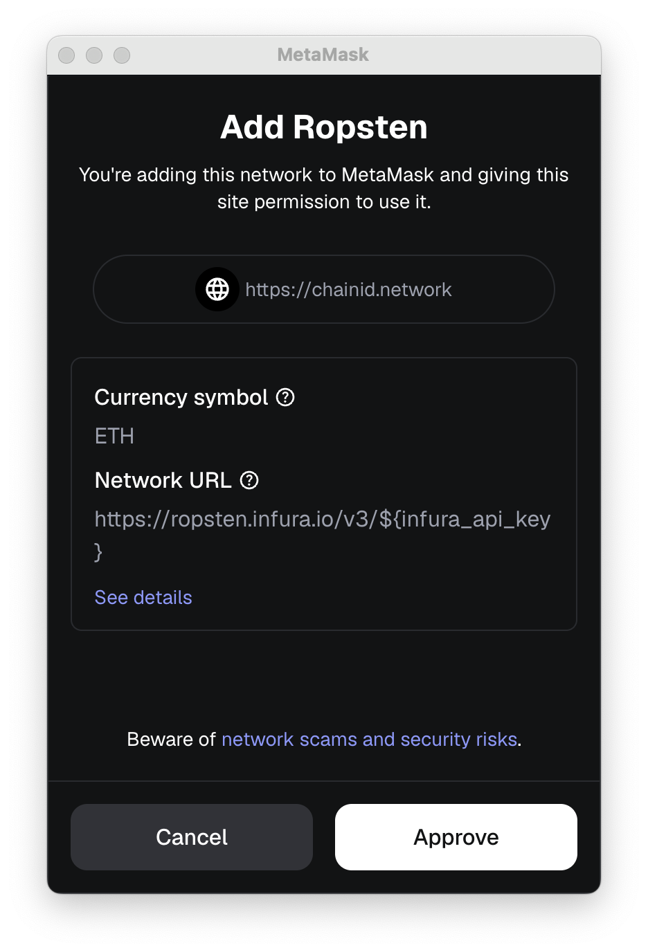 MetaMask add new network from chainlist approval