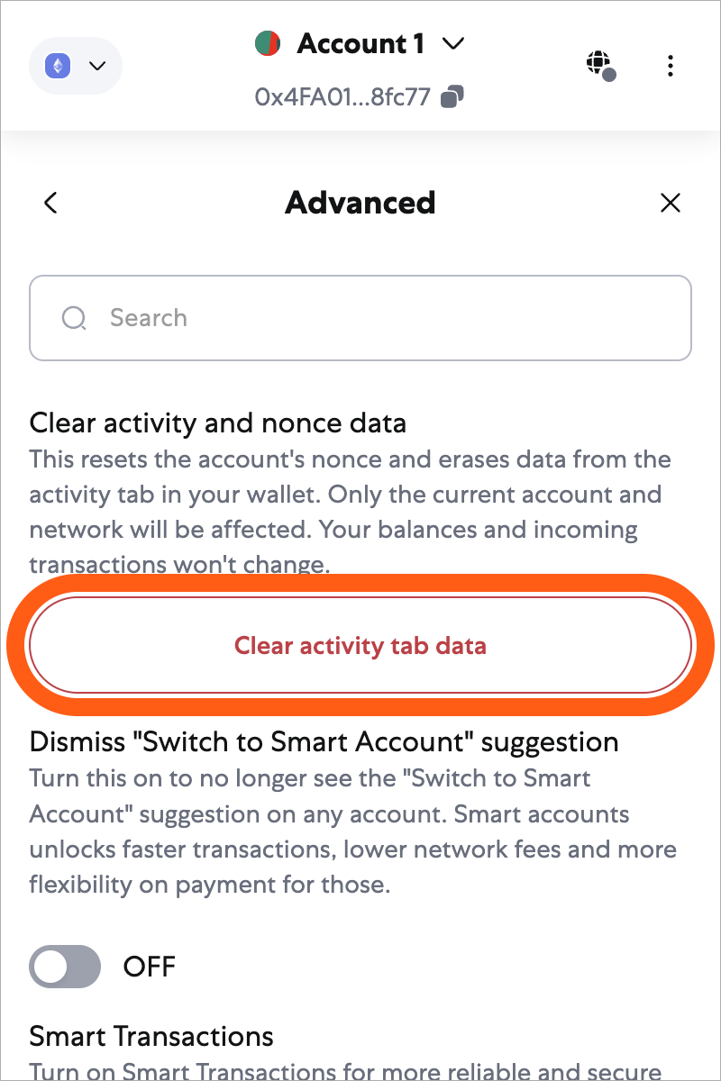 MetaMask advanced settings clear activity and nonce data