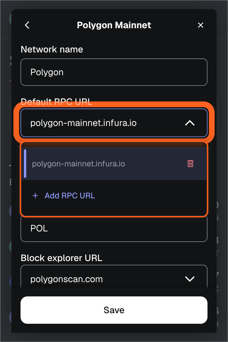 MetaMask extension RPC URL dropdown