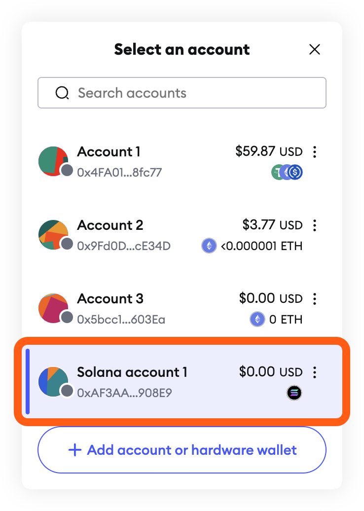 MetaMask extension Solana account in account list