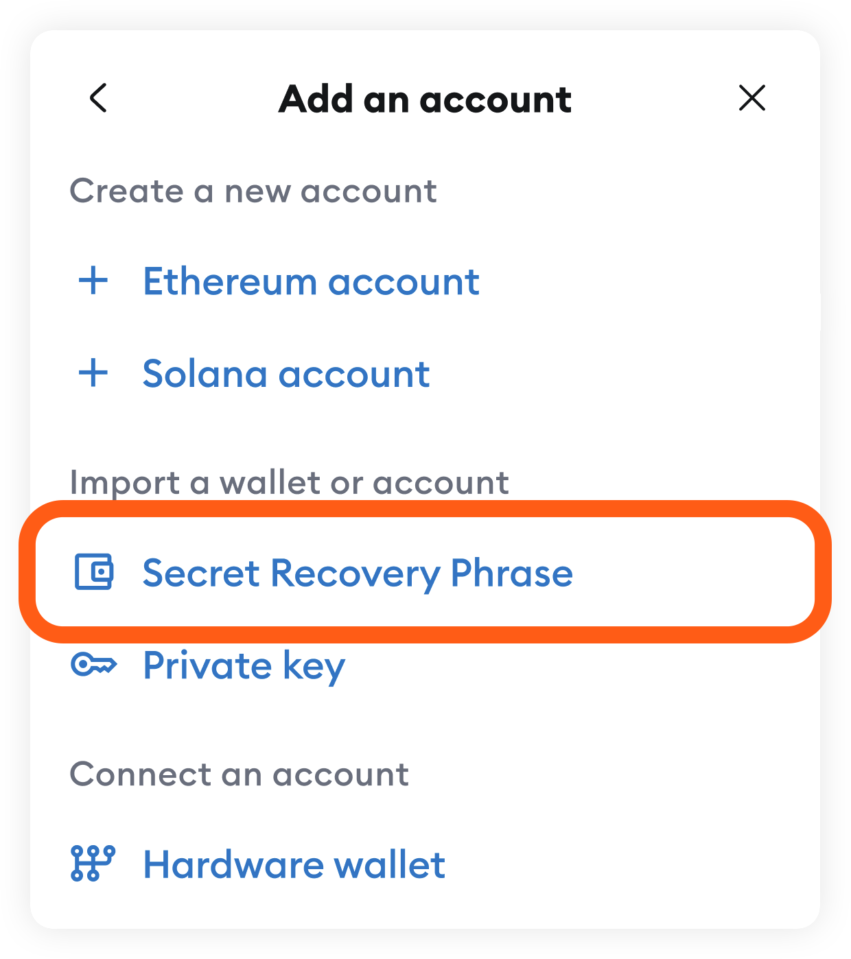 MetaMask extension add account using SRP
