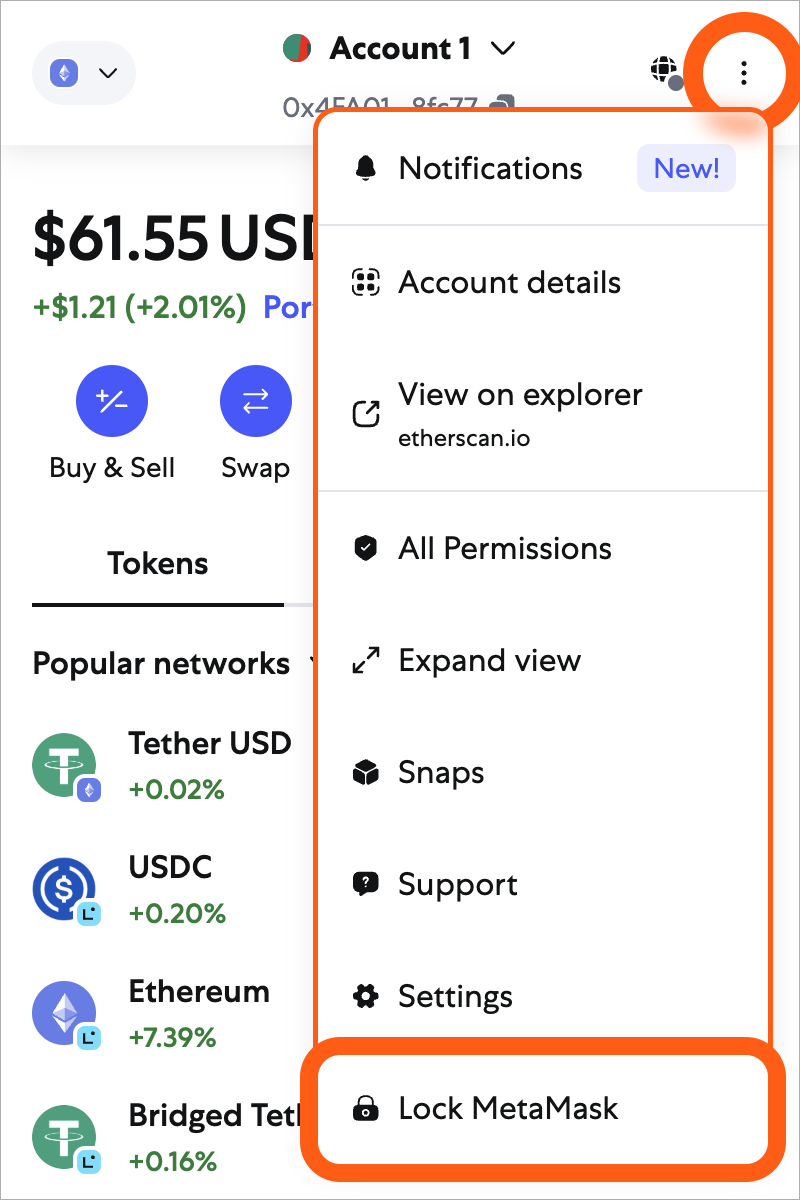 MetaMask extension dropdown lock MetaMask button