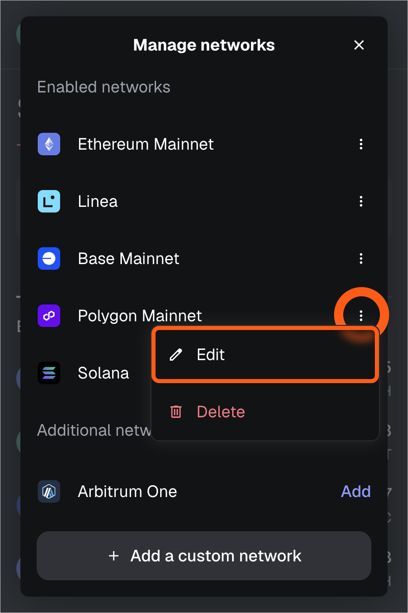 MetaMask extension edit existing network