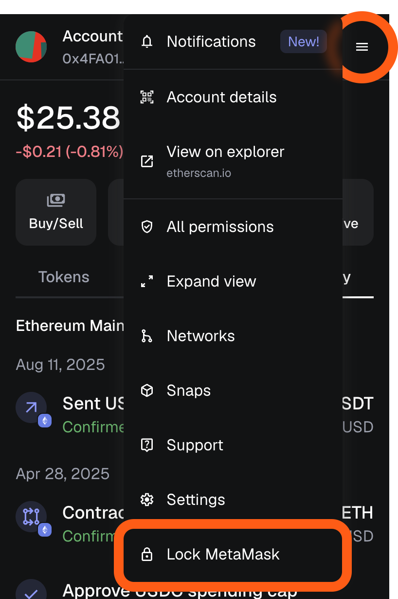 MetaMask extension lock metamask dropdown option
