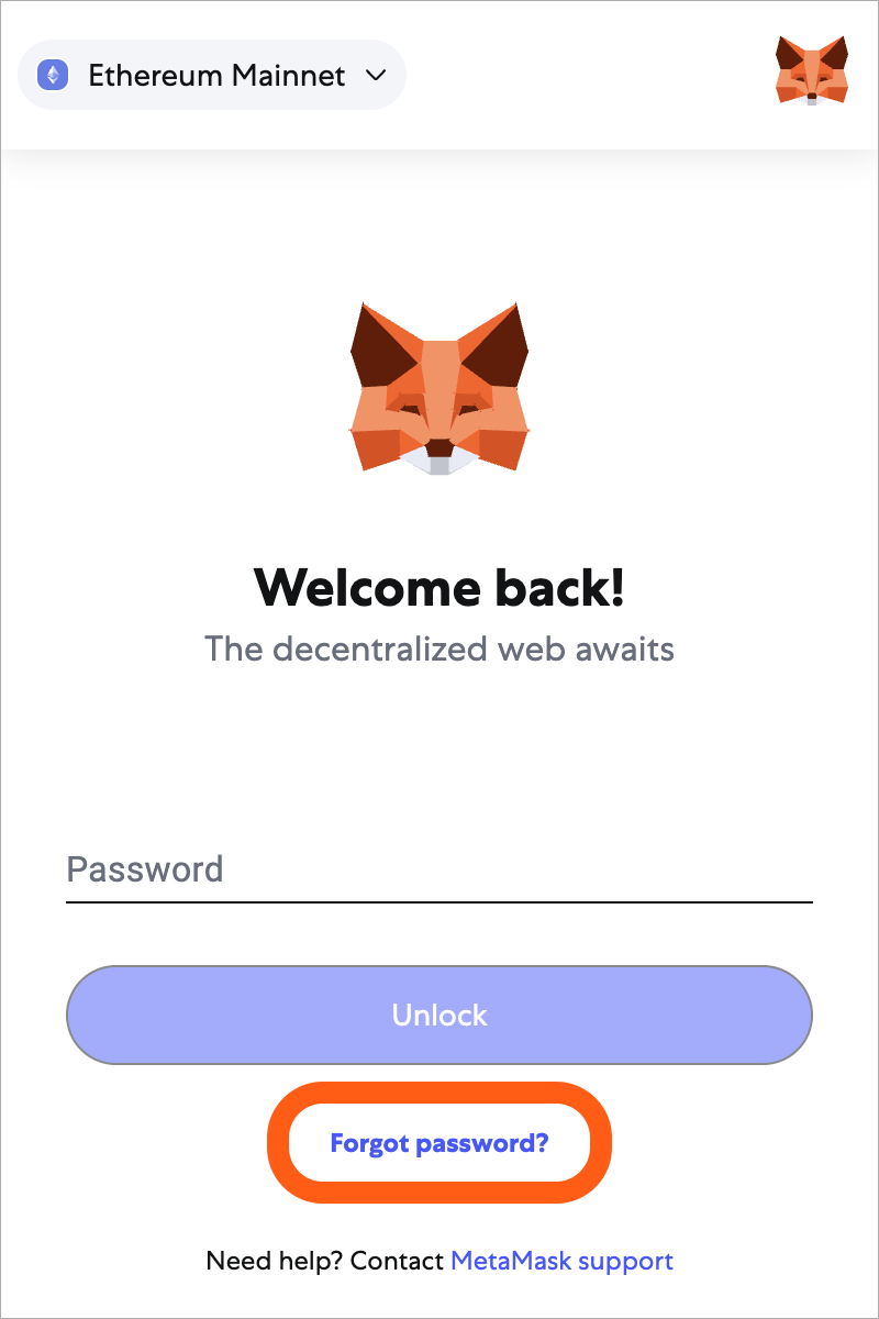 MetaMask extension locked screen forgot password button