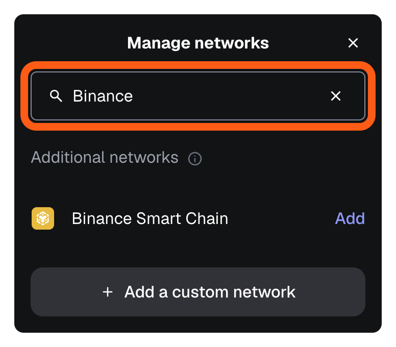 MetaMask extension search for network to add