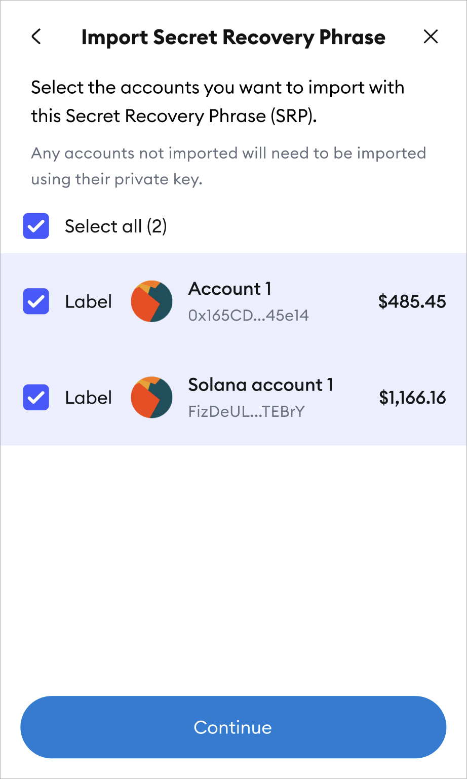 MetaMask import account from SRP confirmation continue screen