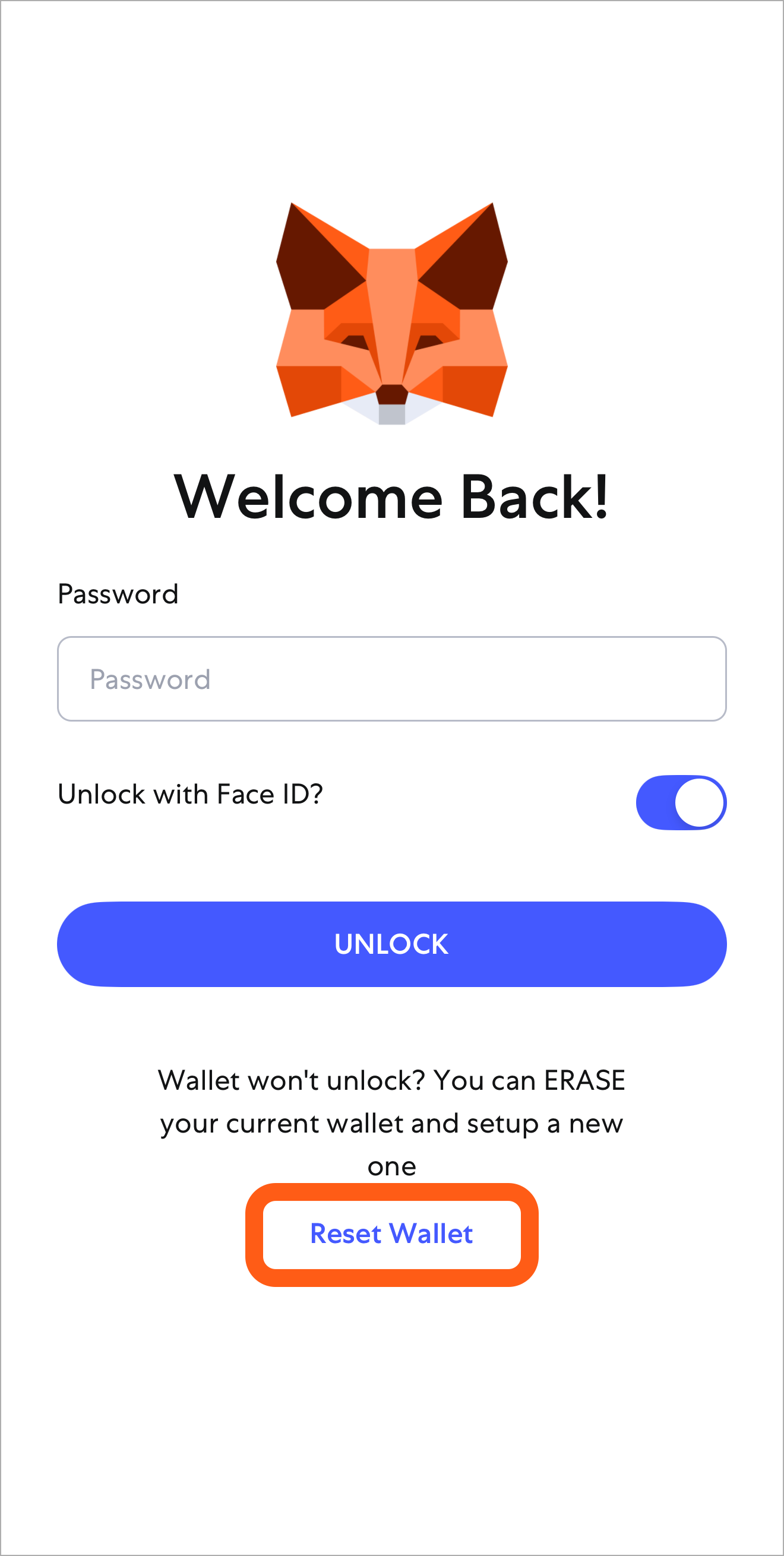 MetaMask mobile locked screen Reset Wallet button