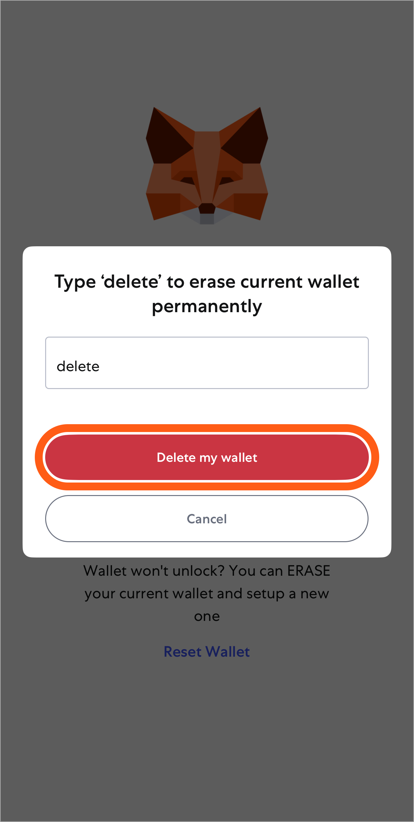 MetaMask mobile reset wallet typed confirmation