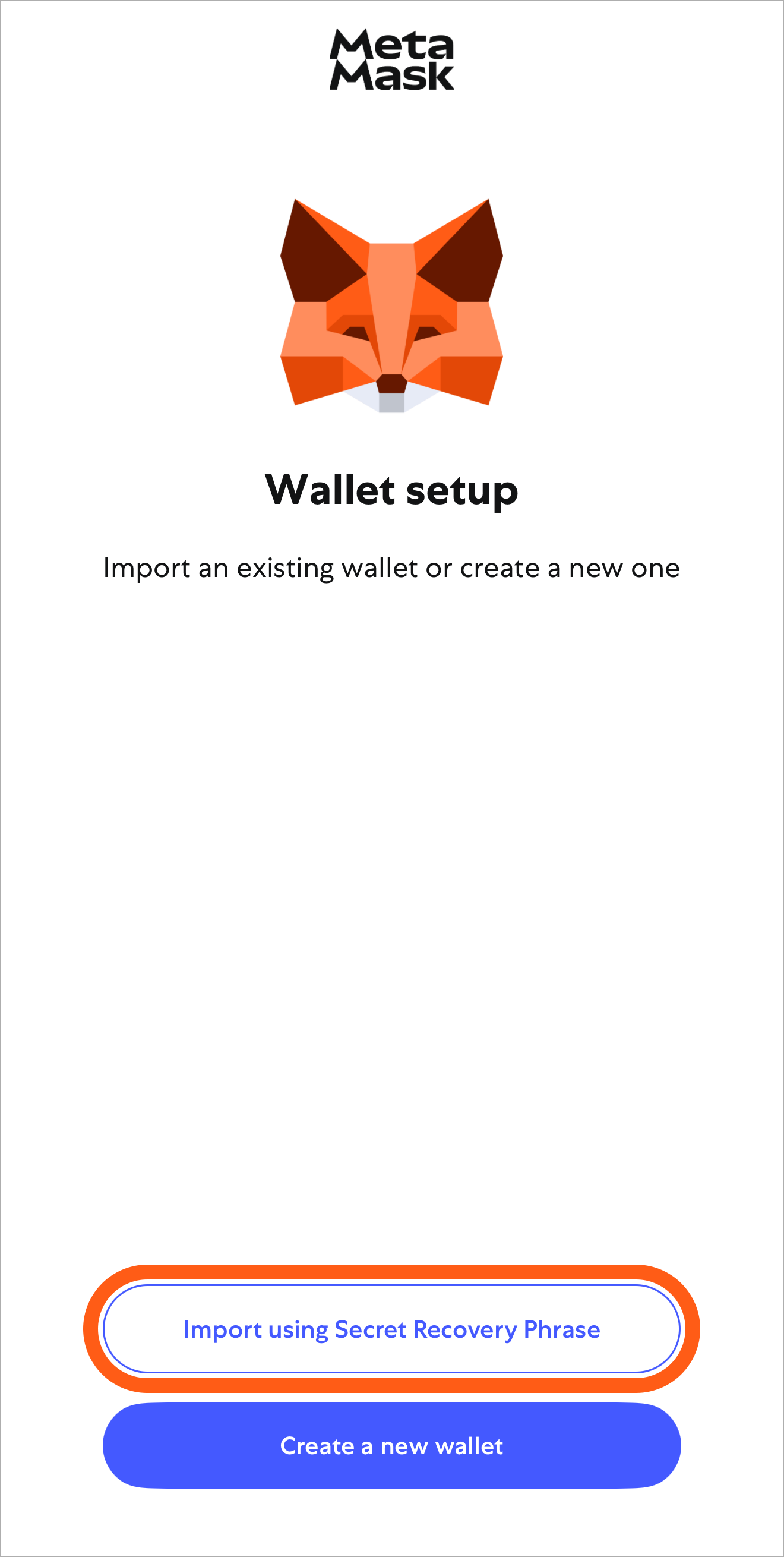 MetaMask mobile wallet setup landing screen