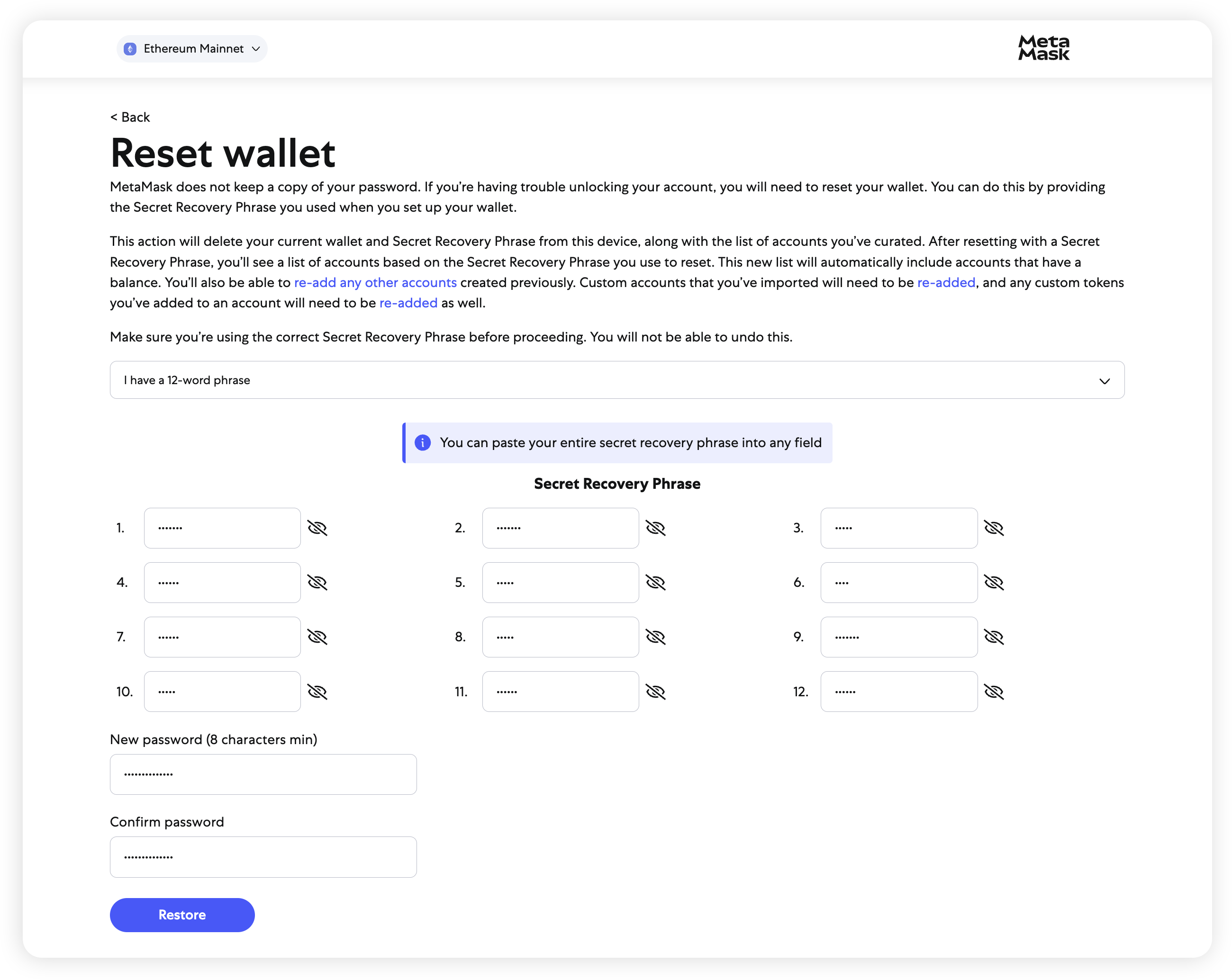 MetaMask reset password screen