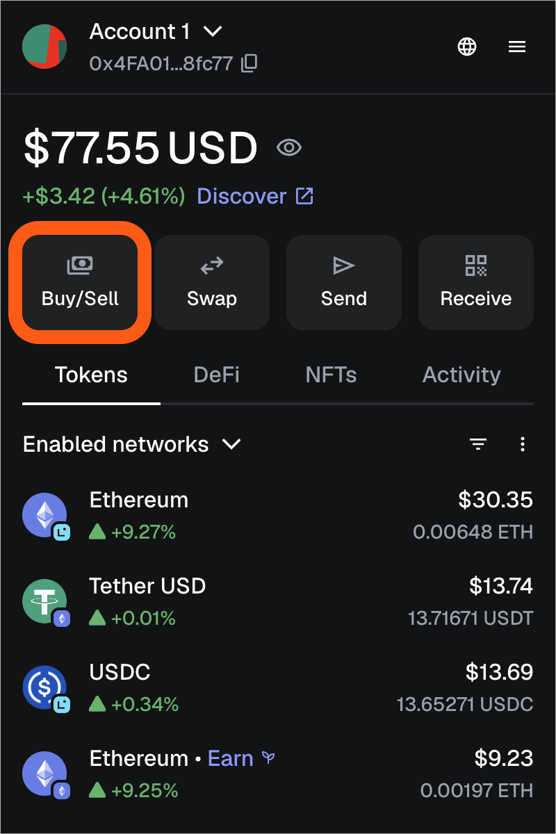 MetaMask home screen buy sell button