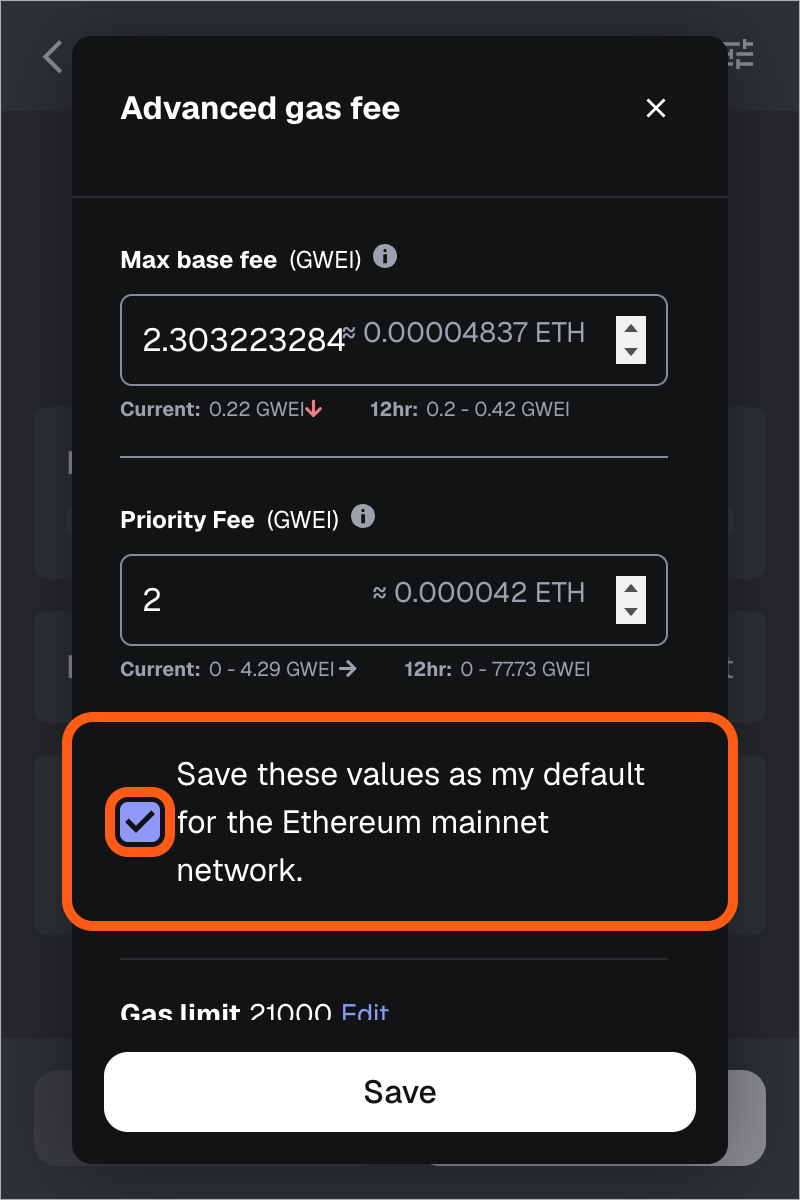 MetaMask extension advanced gas settings save