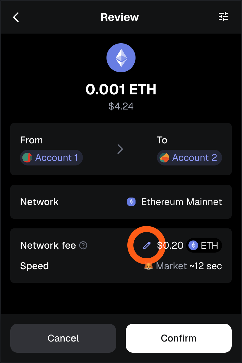 MetaMask extension transaction edit gas settings pencil icon