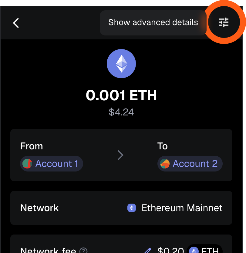 MetaMask extension transaction show advanced details