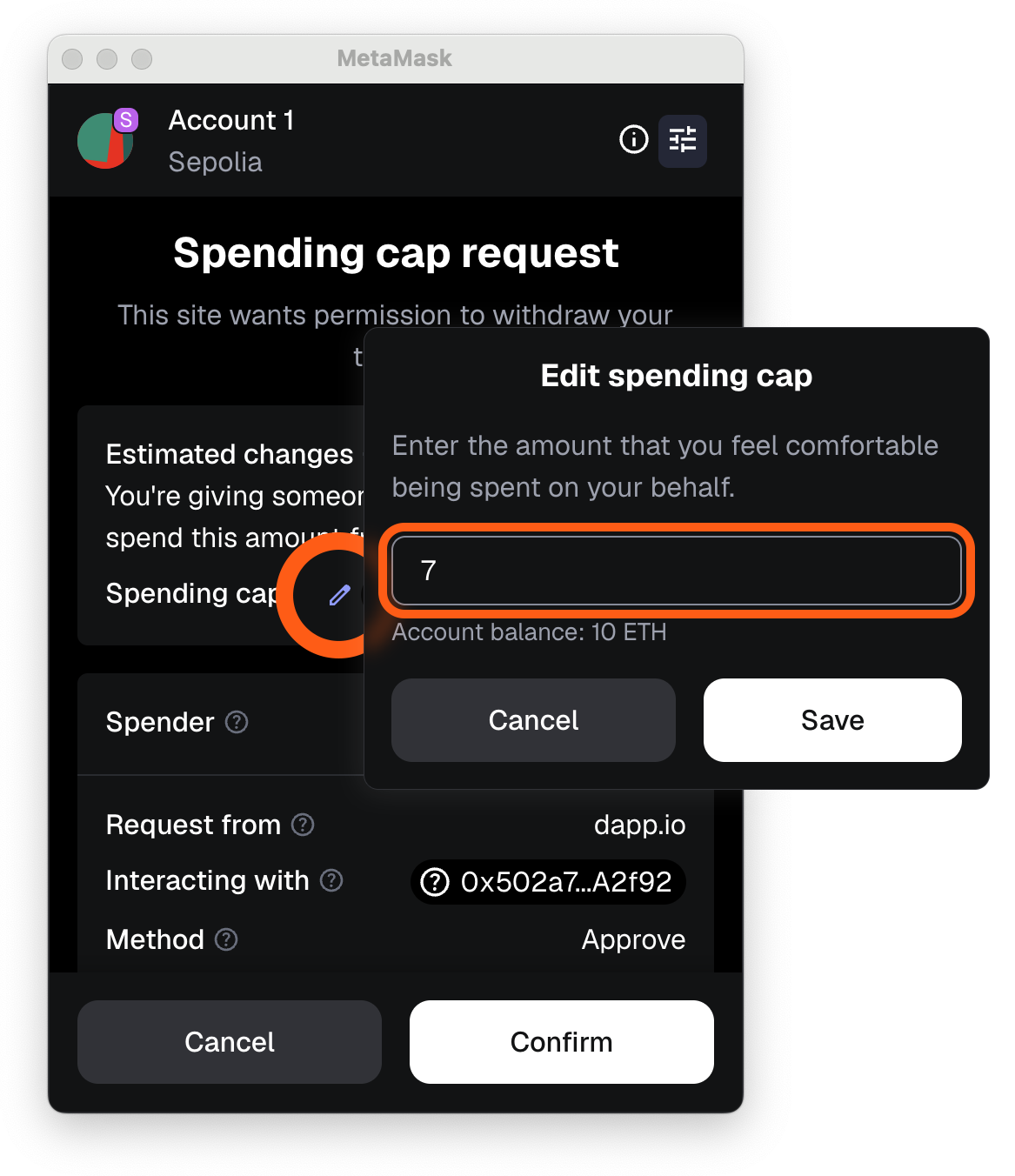 MetaMask extension edit spending cap amount