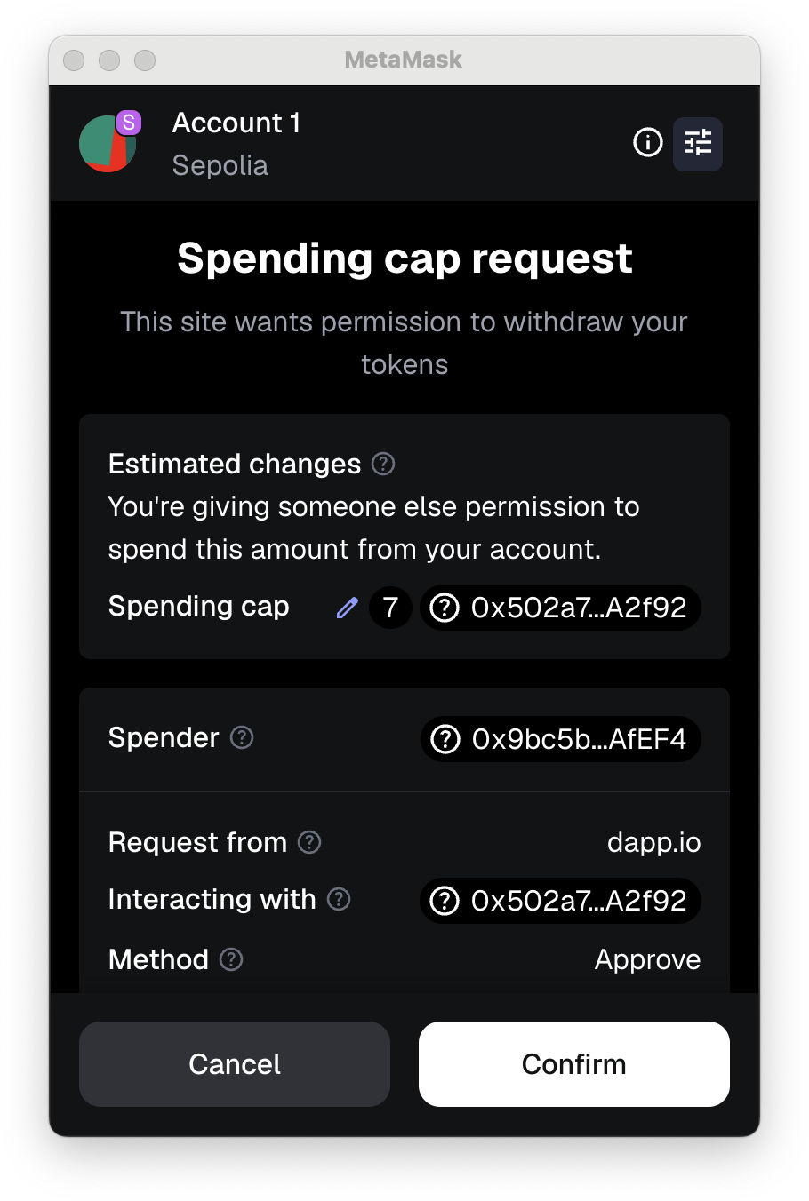 MetaMask extension spending cap request