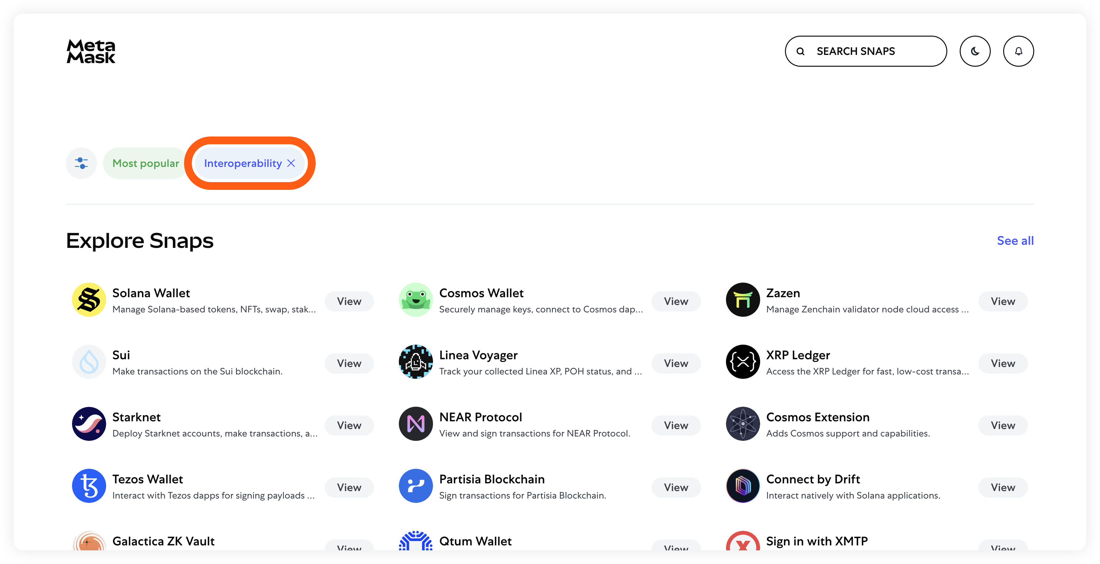 MetaMask snaps directory interoperability snaps search