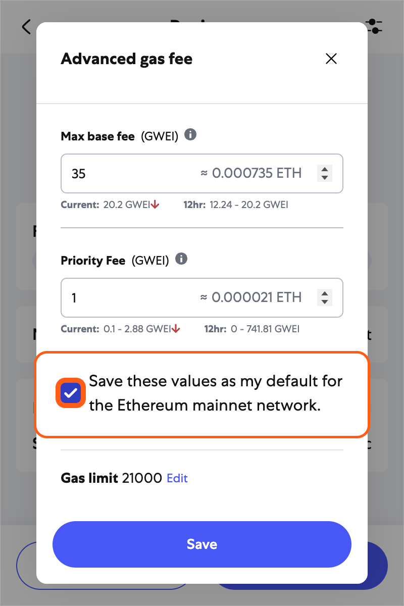 MetaMask extension transaction save advanced gas fee settings