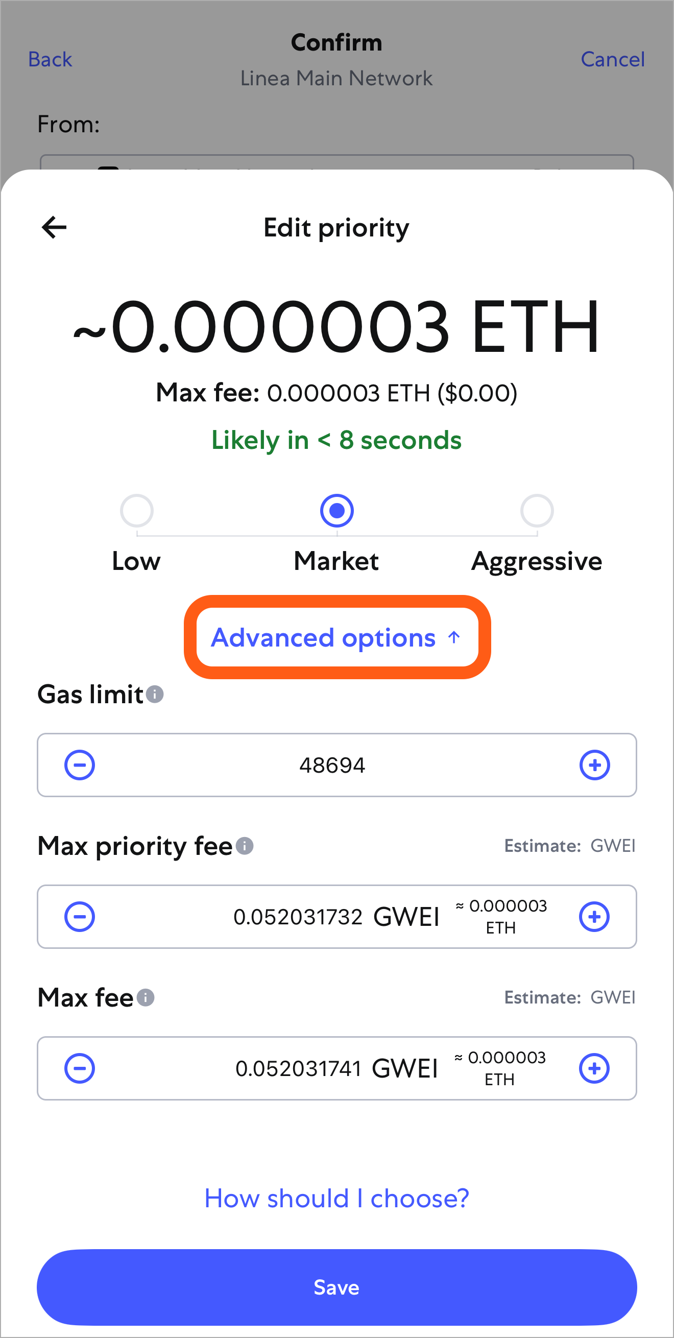 MetaMask mobile transaction edit gas fee advanced settings
