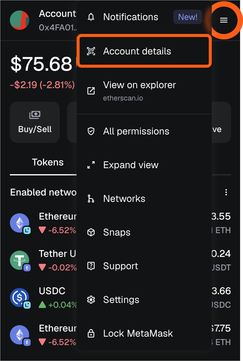 MetaMask extension locate account details menu