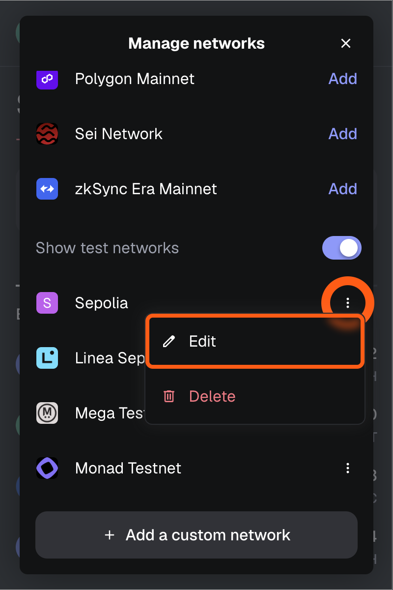 MetaMask extension edit test network