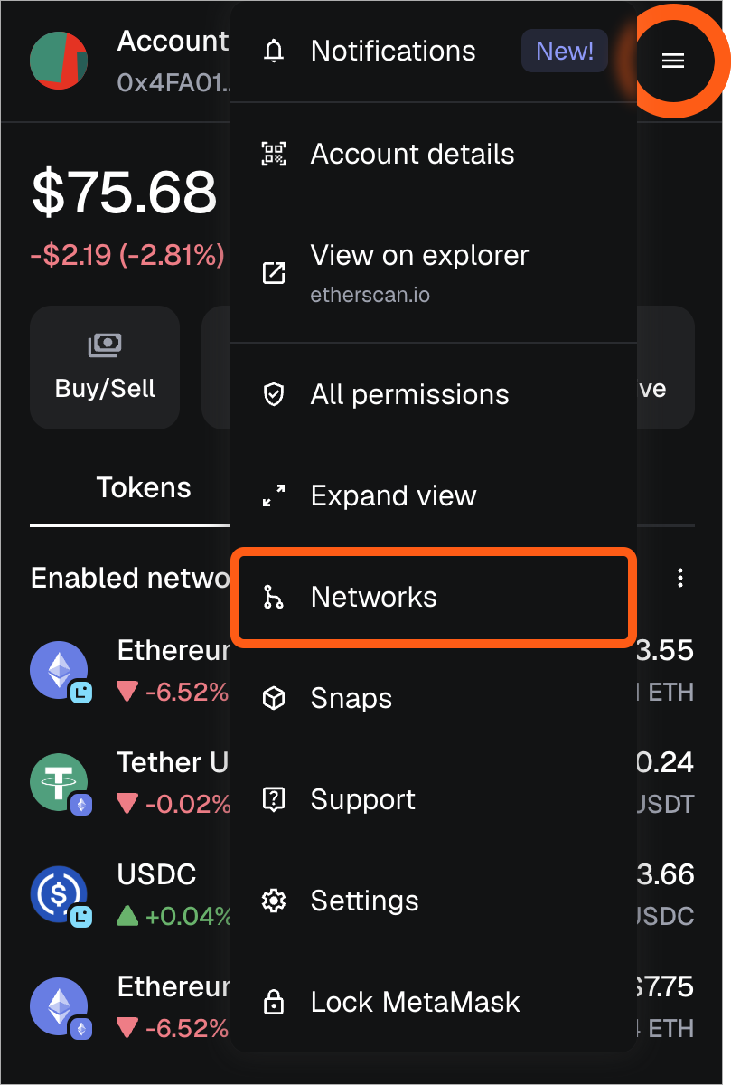 MetaMask extension locate networks menu