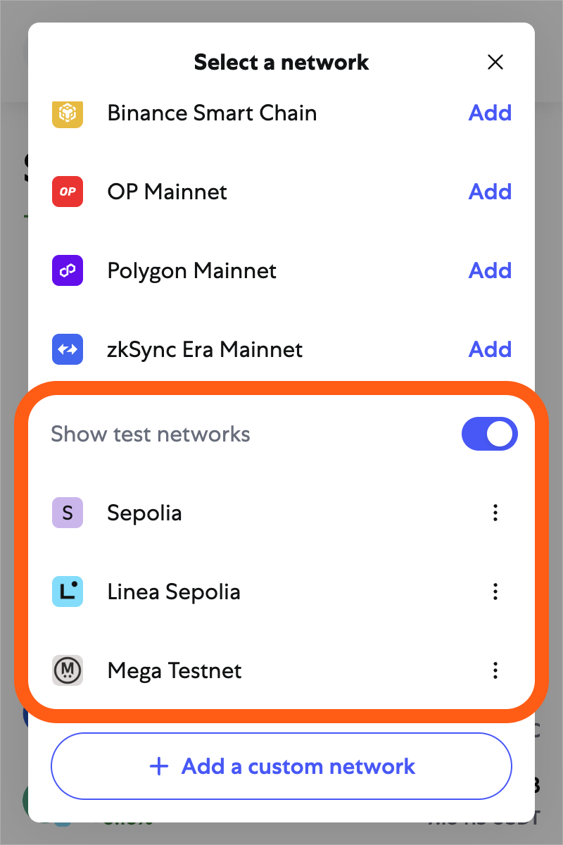 MetaMask extension network selector test networks list