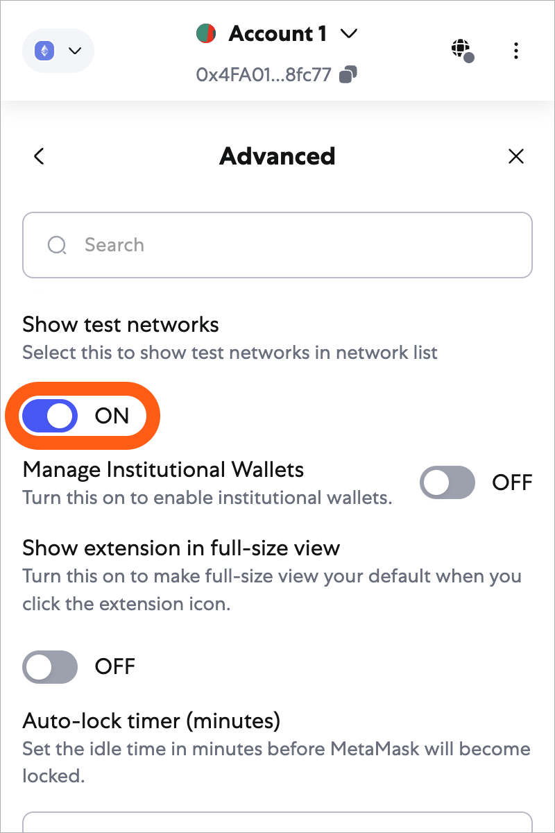 MetaMask extension settings network selector toggle