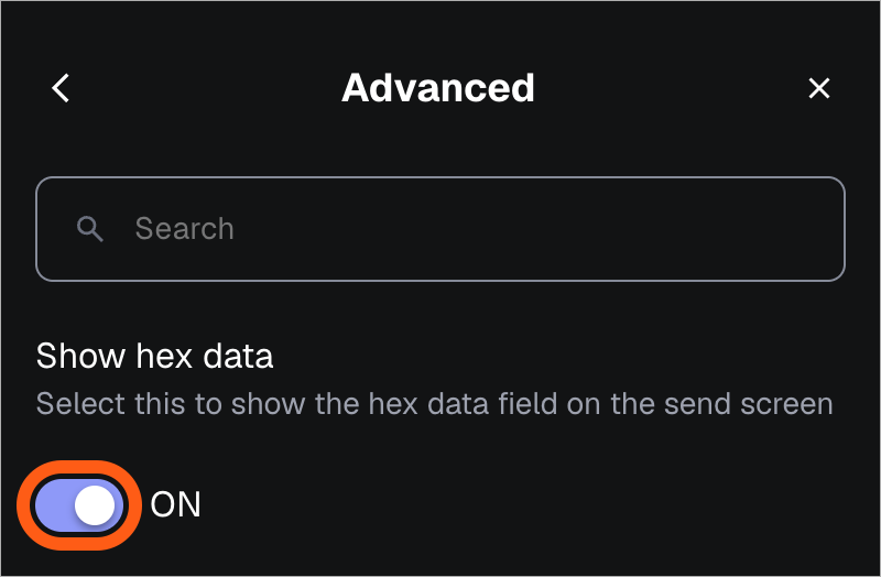 MetaMask extension advanced settings show hex data