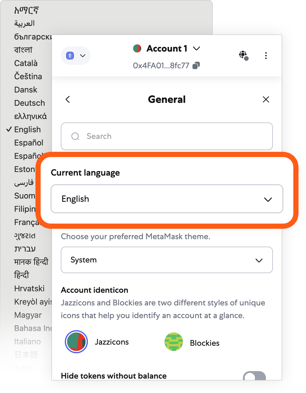 MetaMask extension change language settings dropdown