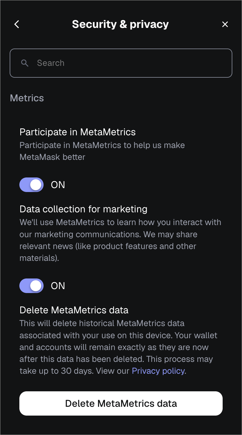 MetaMask extension locate metrics settings