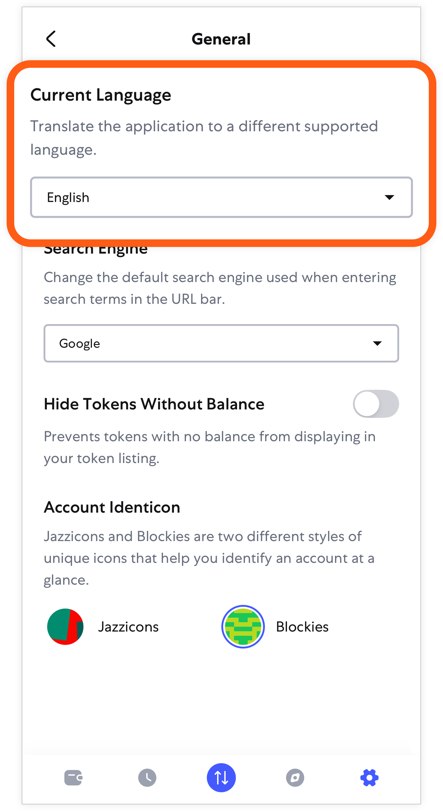 MetaMask mobile change language settings dropdown