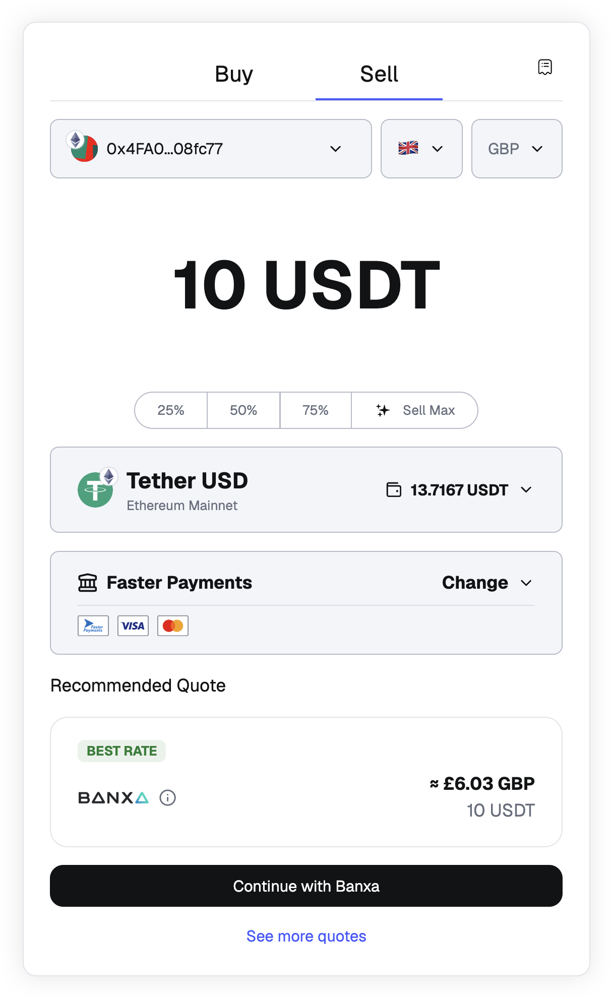 MetaMask portfolio select token quote and amount to sell