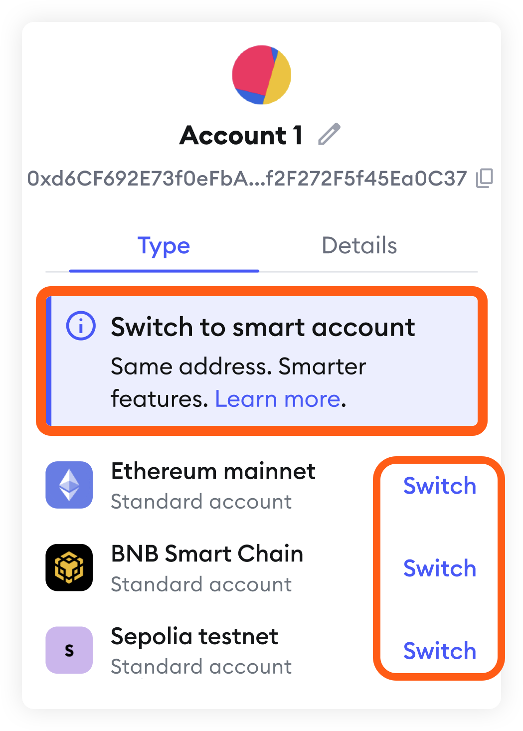 MetaMask smart accounts extension account details tooltip