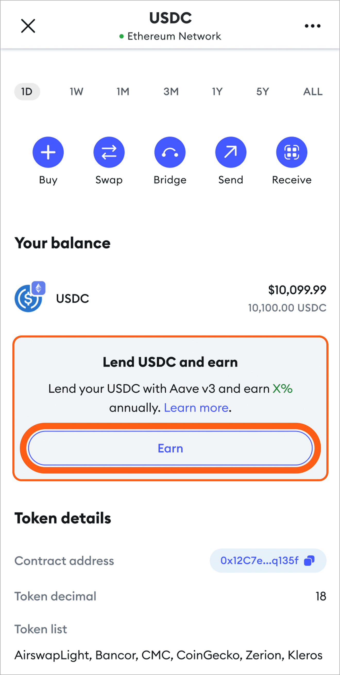 MetaMask Mobile earn token callout button