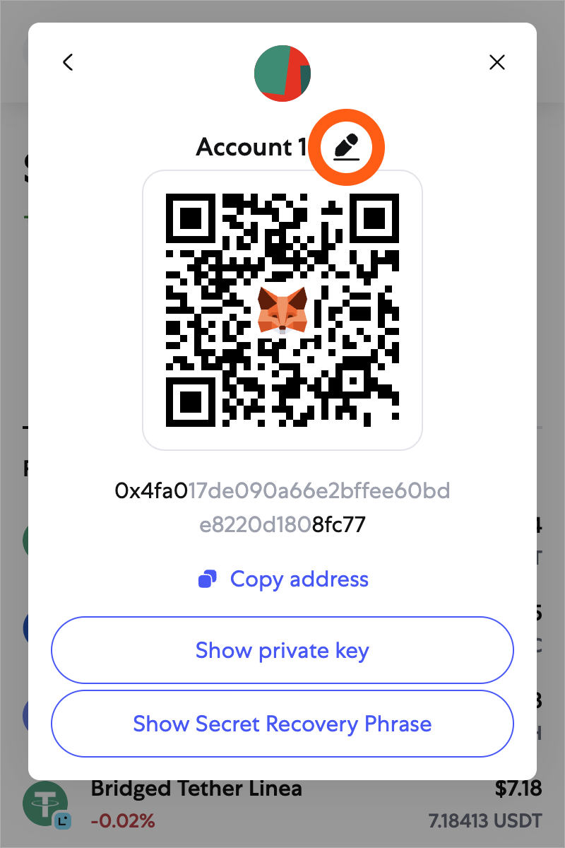 MetaMask account details edit account name icon