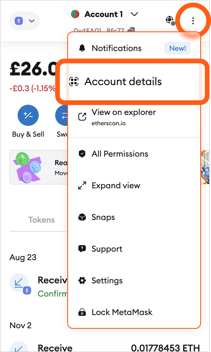 MetaMask account details menu item