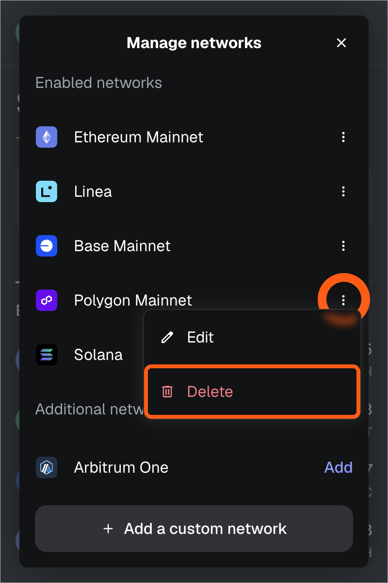MetaMask extension delete network